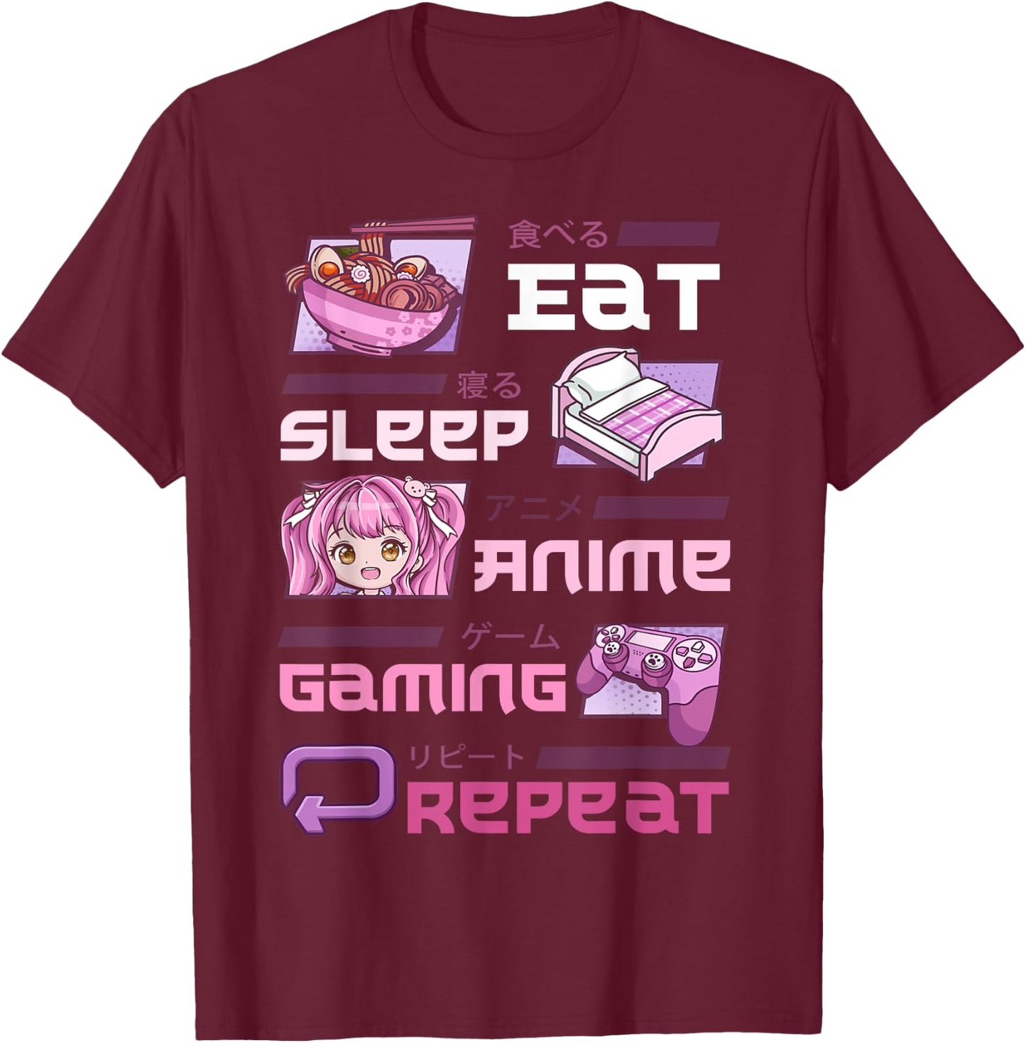 Gamer Gaming Video Games Funny Eat Sleep Anime Gaming Repeat T-Shirt - T-Shirt | Maroon