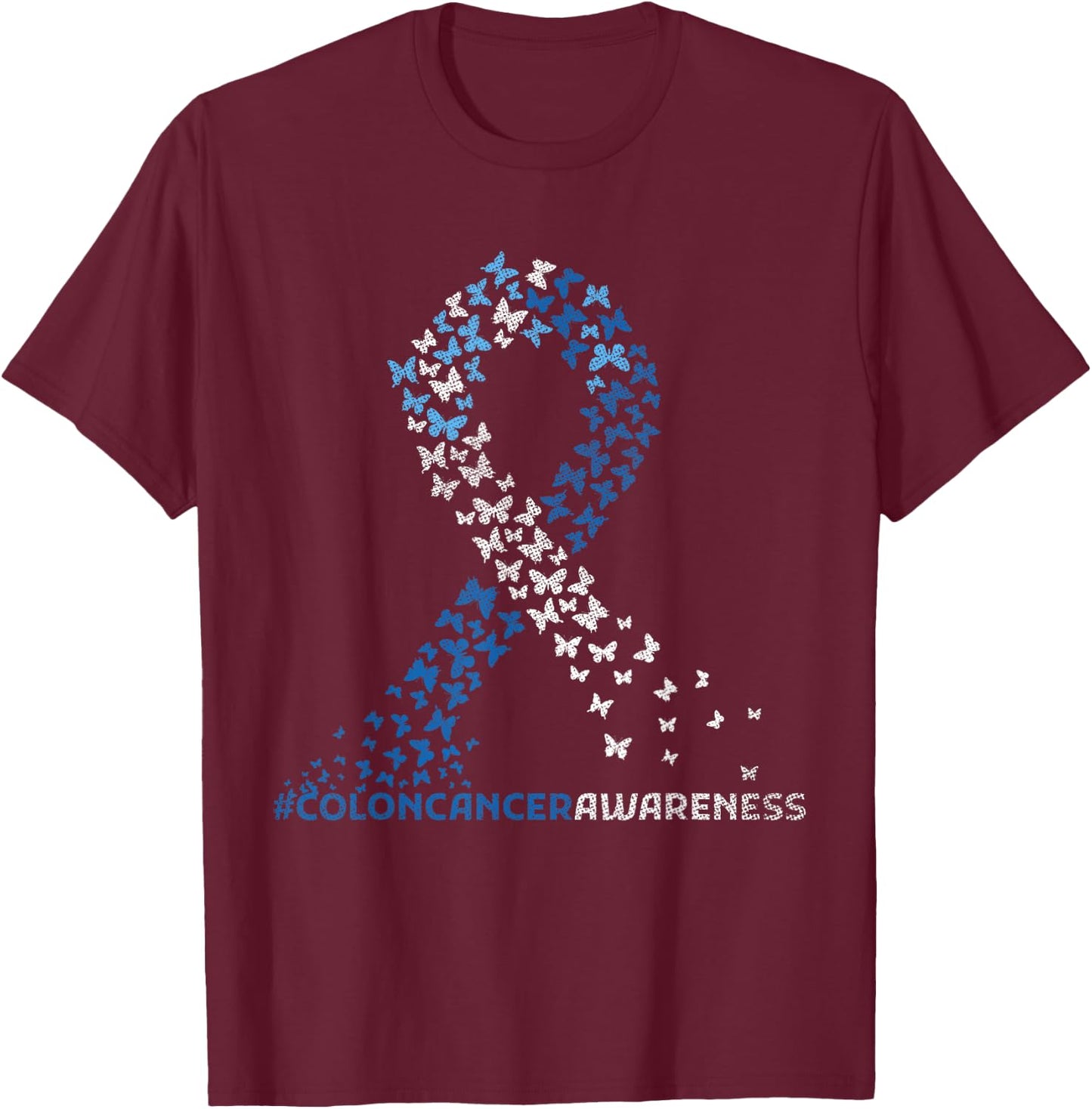 Colorectal Cancer Apparel Colon Cancer Awareness Colonoscopy Blue Ribbon Butterflies T-Shirt - T-Shirt | Maroon