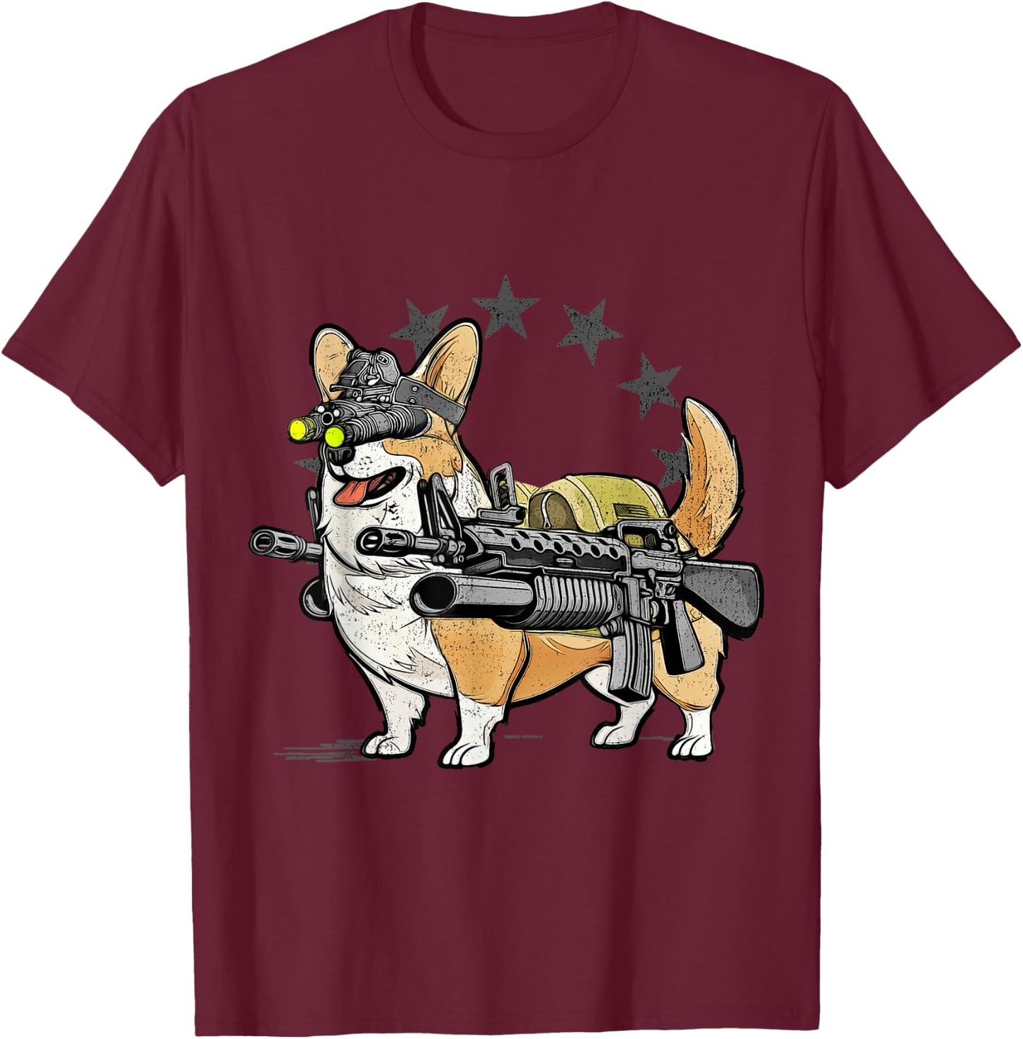 1 Nation -Adults Combat Corgi Patriotic Cartoon , Black, Small, Short Sleeve T-Shirt - T-Shirt | Maroon