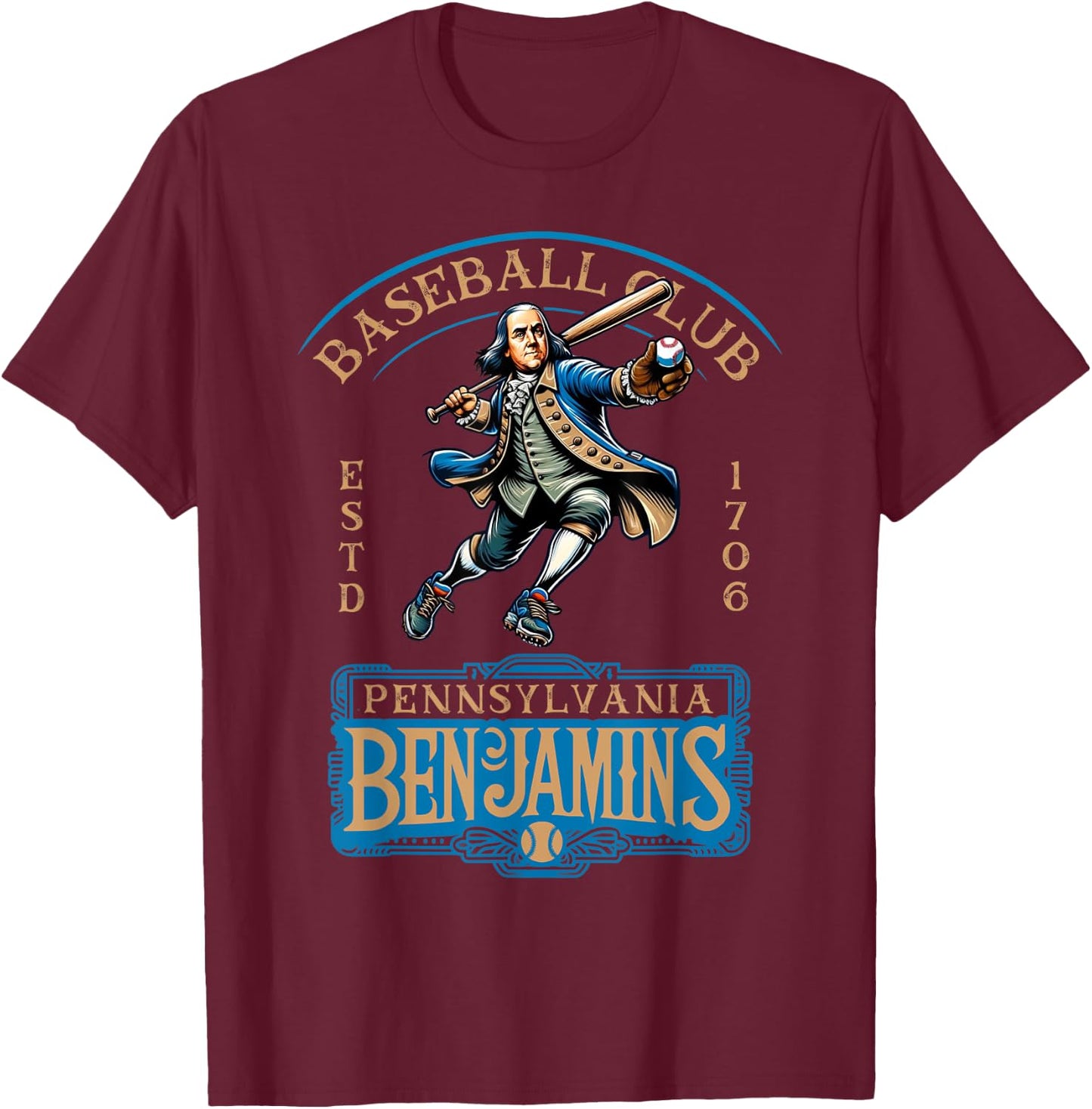 Pennslyvania Benjamins Retro Minor League Baseball Team T-Shirt - T-Shirt | Maroon