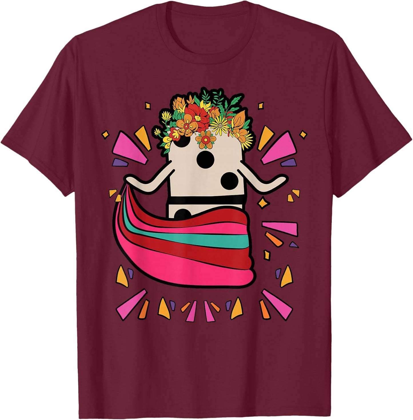 Dancing Mexican Train Domino Tile Flowers Funny T-Shirt - T-Shirt | Maroon