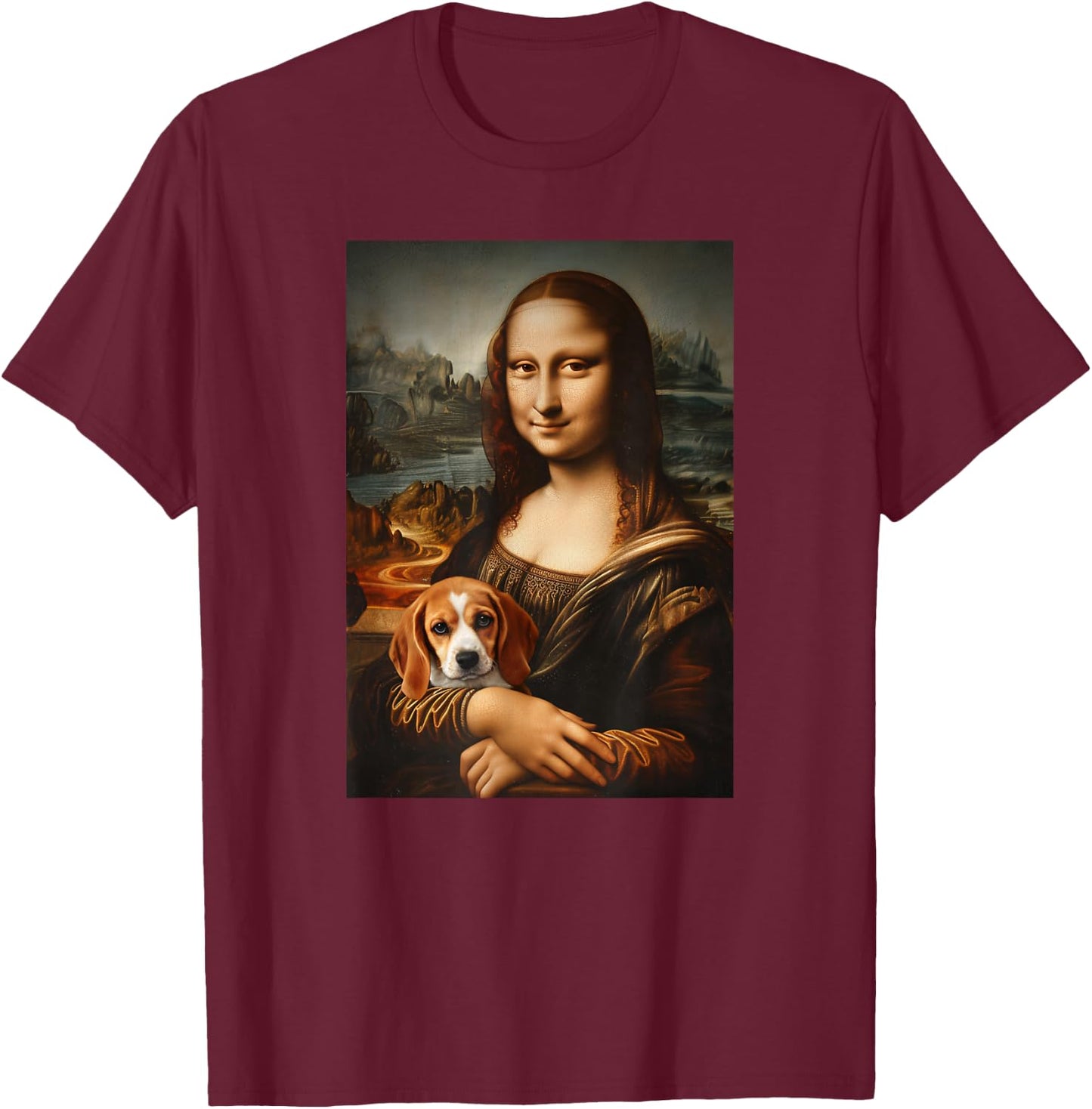 Beagle Mona Lisa Painting Art Dog Mom Dad T-Shirt - T-Shirt | Maroon