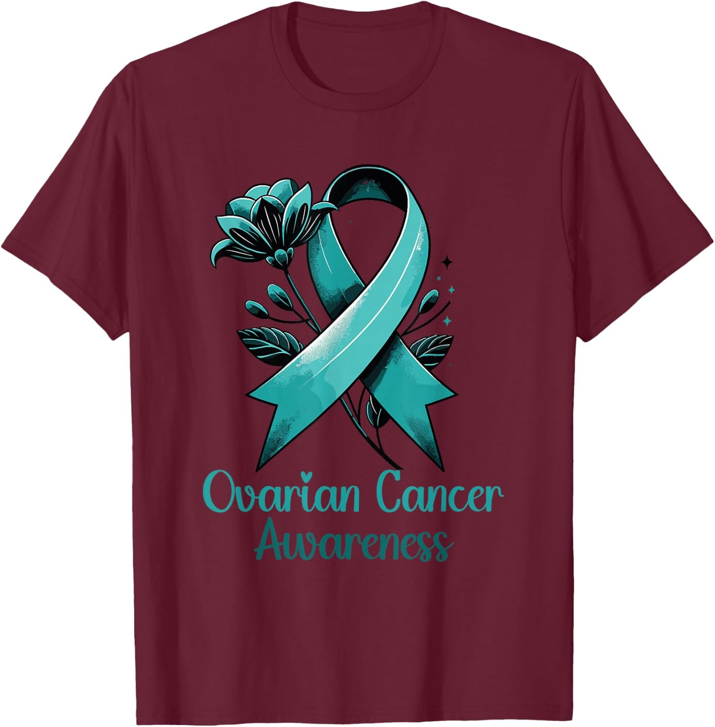 Elegant Teal Ribbon for Ovarian Cancer Awareness T-Shirt - T-Shirt | Maroon