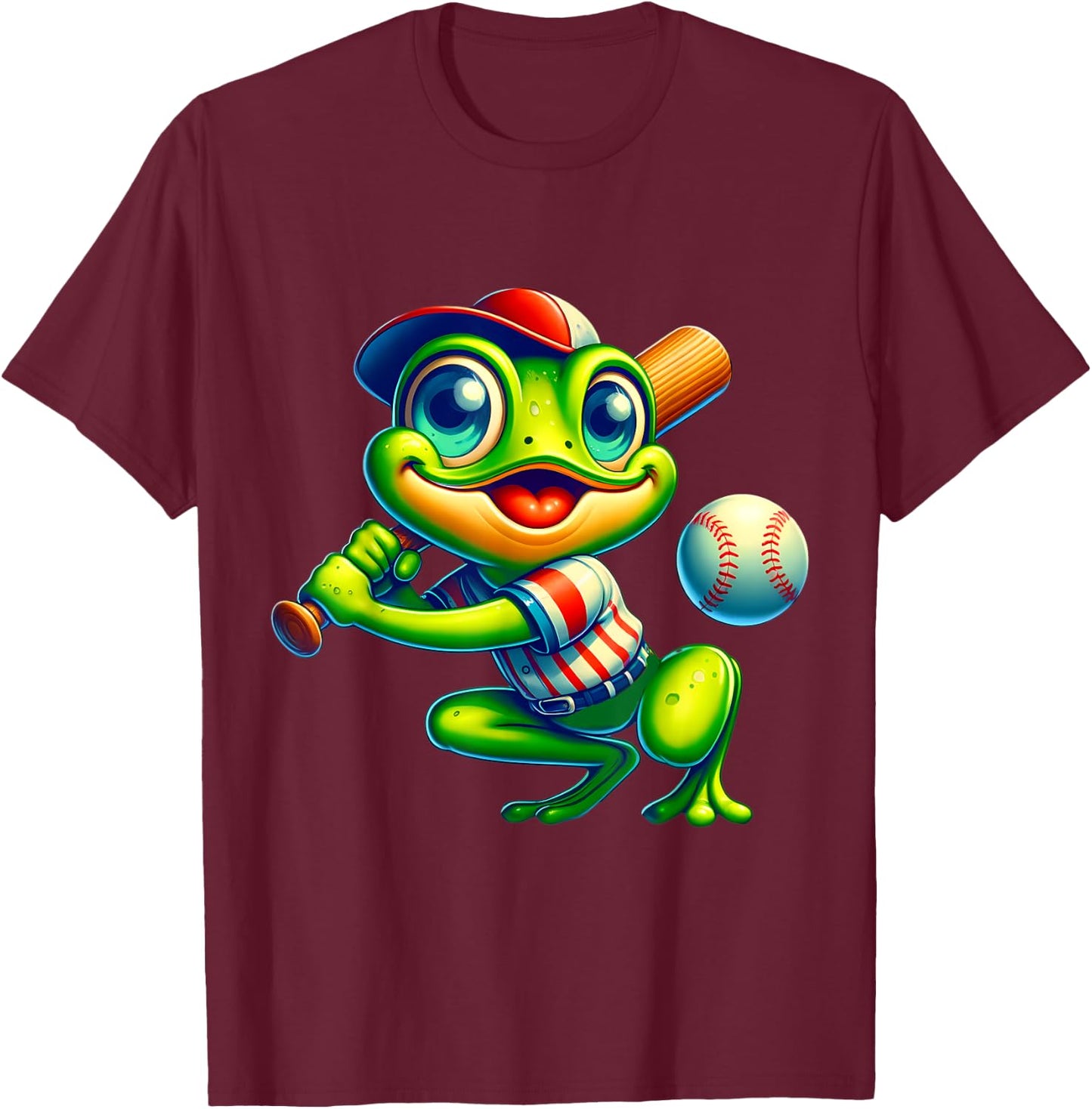 Frog Baseball Player Animal Lover Men Women Kids T-Shirt - T-Shirt | Maroon