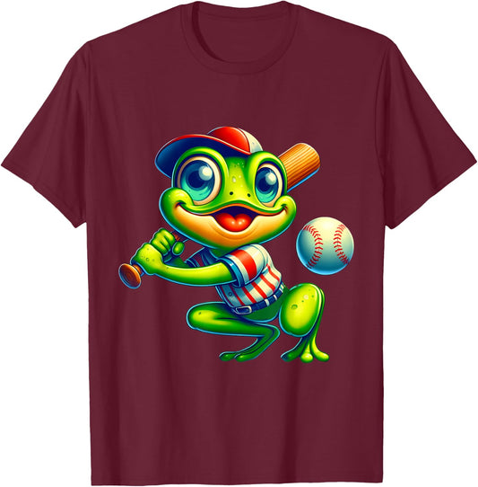 Frog Baseball Player Animal Lover Men Women Kids T-Shirt - T-Shirt | Maroon