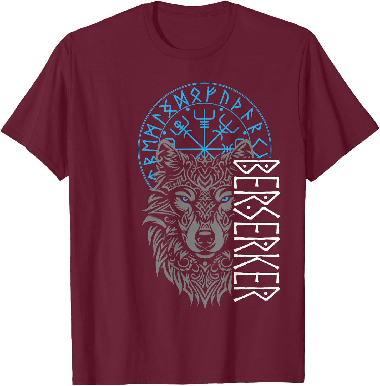 Berserker & Viking Compass - Nordic Wolf Design , Small, Black T-Shirt - T-Shirt | Maroon
