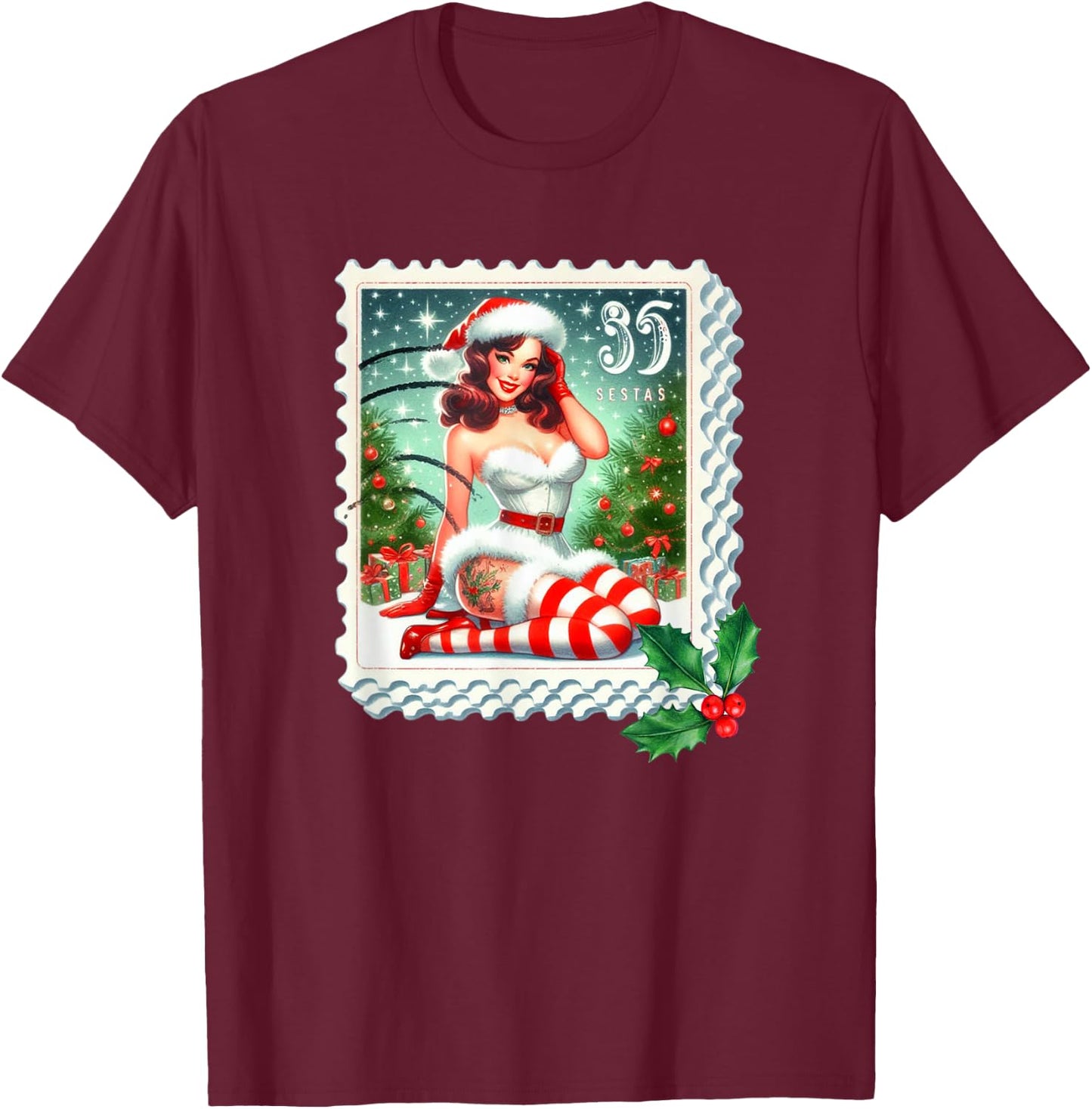 Vintage Christmas Stamp Holiday Pin Up Girl Design T-Shirt - T-Shirt | Maroon