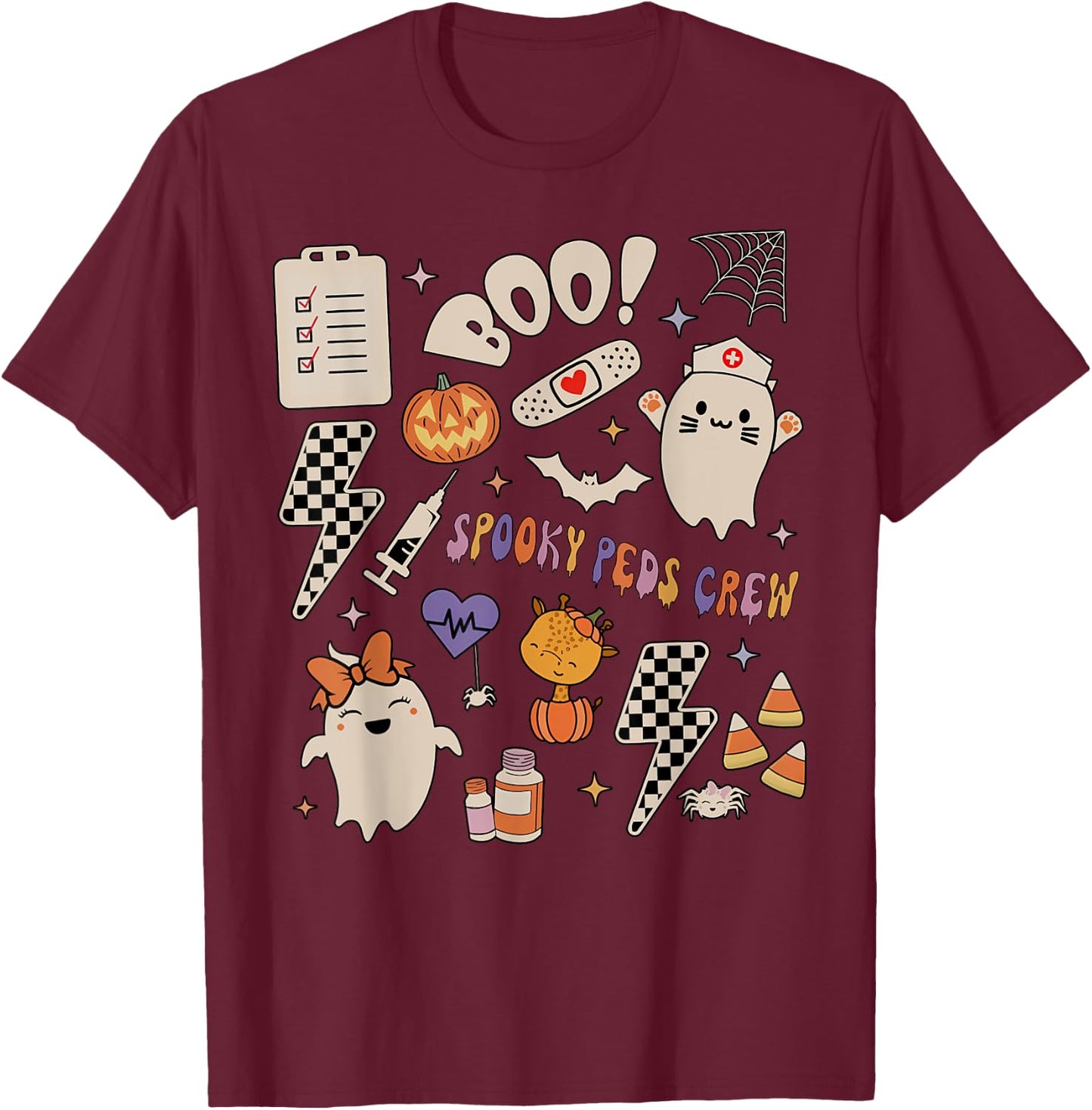 Boo Spooky PEDS Crew Ghost Pediatric Nurse Halloween T-Shirt - T-Shirt | Maroon