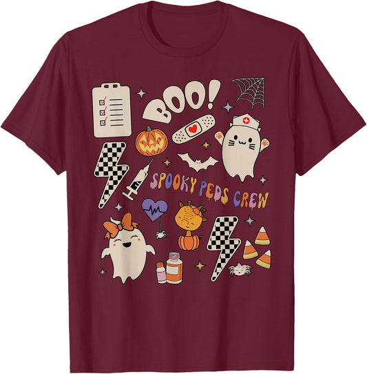 Boo Spooky PEDS Crew Ghost Pediatric Nurse Halloween T-Shirt - T-Shirt | Maroon