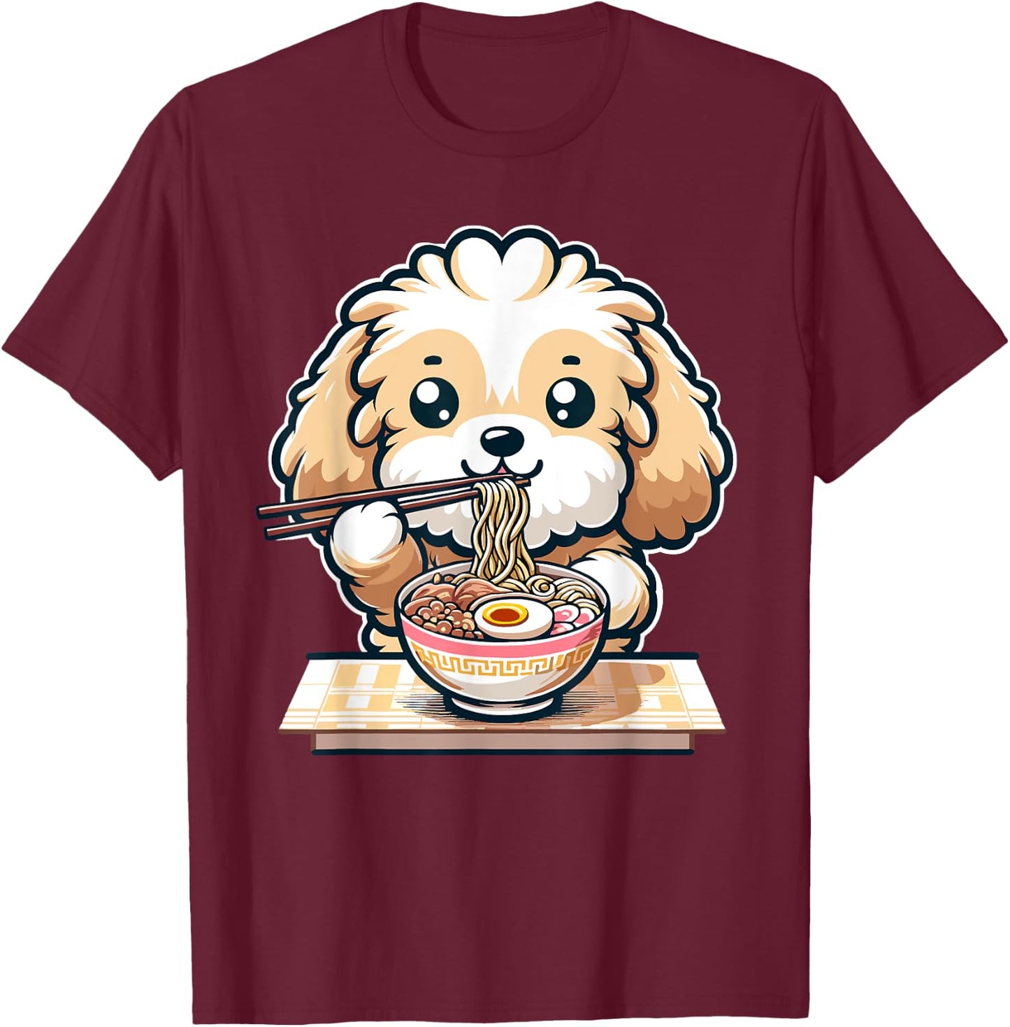 Cute Kawaii Cockapoo Eating Ramen Noodles Food Dog Lovers T-Shirt - T-Shirt | Maroon
