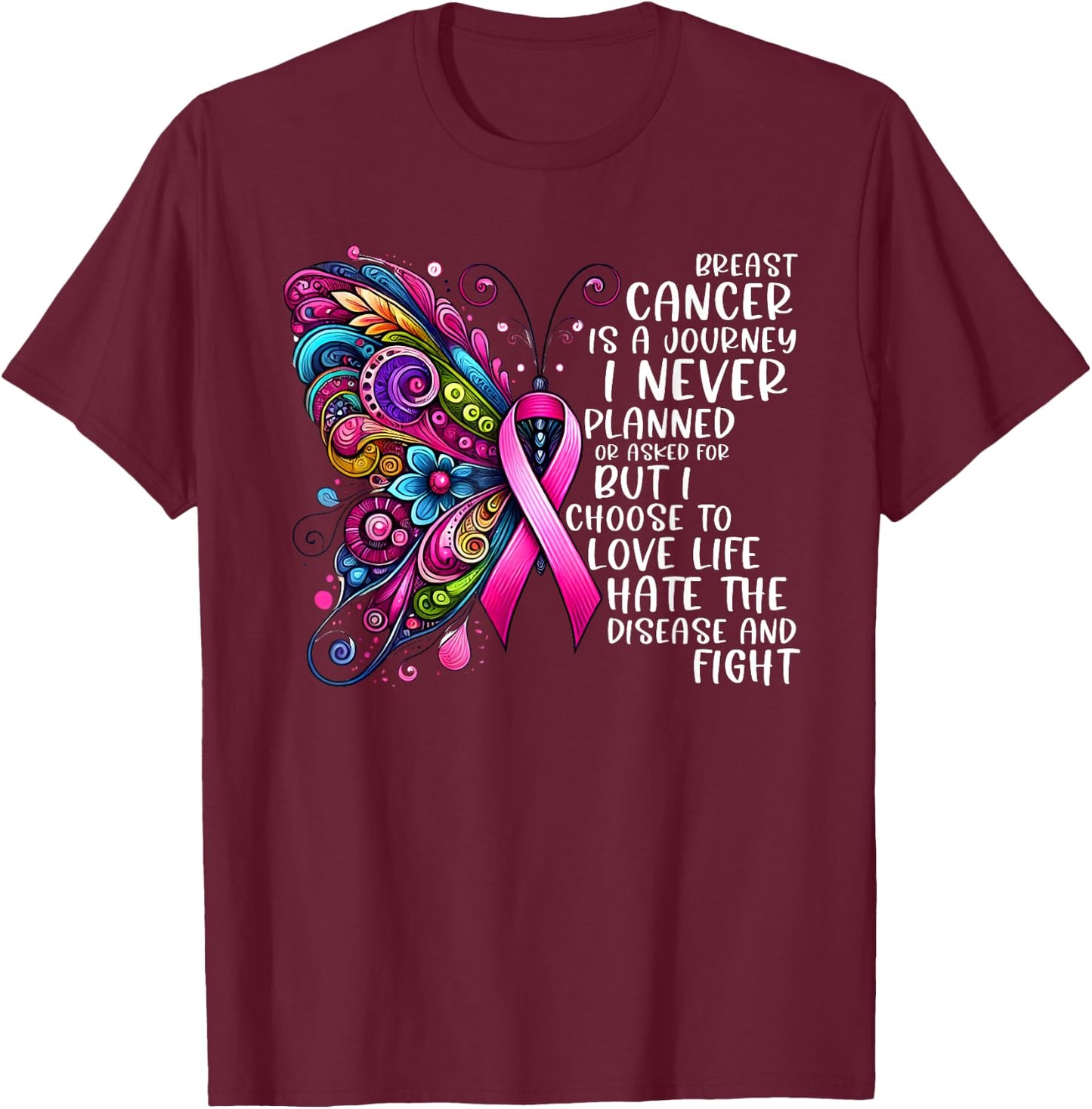 Support Fighter Warrior Pink Vibes Gifts Women Butterfly Breast Cancer Awareness Pink Ribbon Cancer Journey T-Shirt - T-Shirt | Maroon
