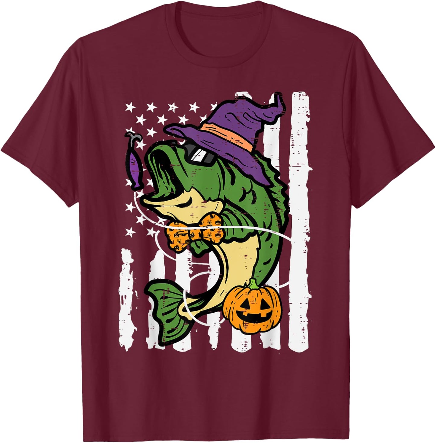 Halloween Bass Fish US Flag Costume Patriot Men Kids Women T-Shirt - T-Shirt | Maroon