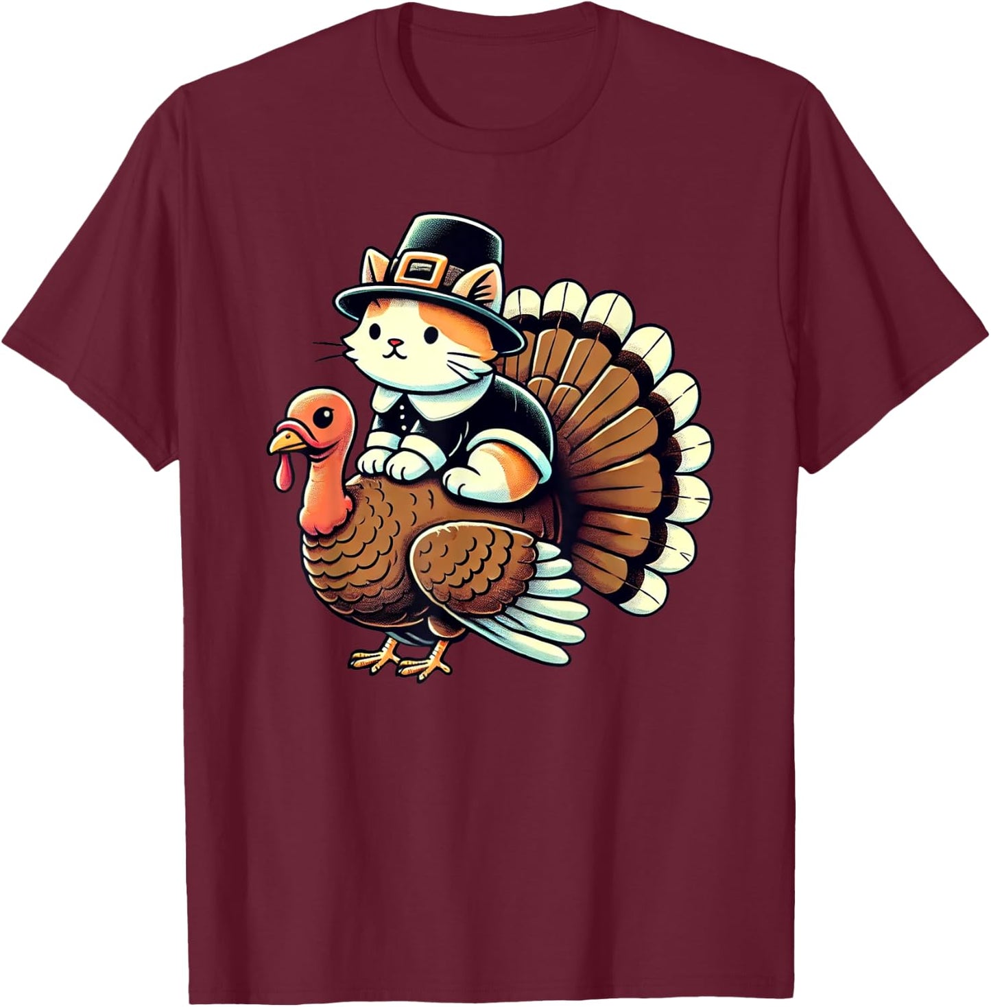 Pilgrim Cat Costume On Turkey Funny Thanksgiving Turkey T-Shirt - T-Shirt | Maroon