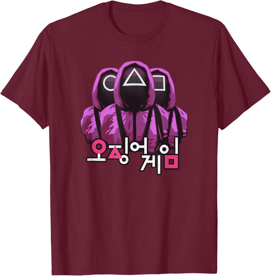 Squid Game Three Masked Guards T-Shirt - T-Shirt | Maroon
