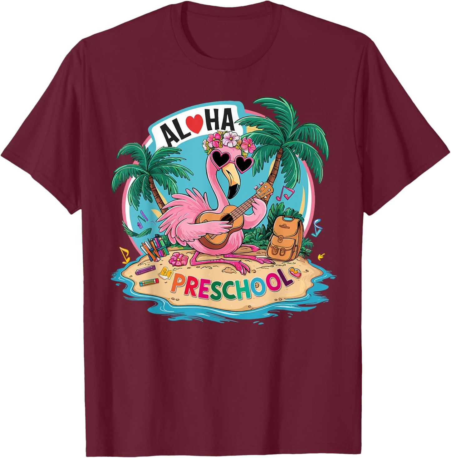Aloha Preschool Flamingo Hawaii Back to School Kids Girl T-Shirt - T-Shirt | Maroon