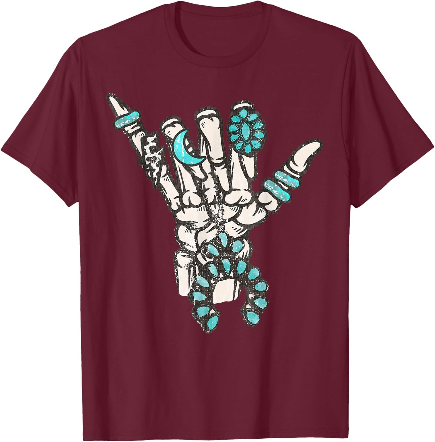 Western Turquoise Rings Skeleton Hands Cowgirl T-Shirt - T-Shirt | Maroon