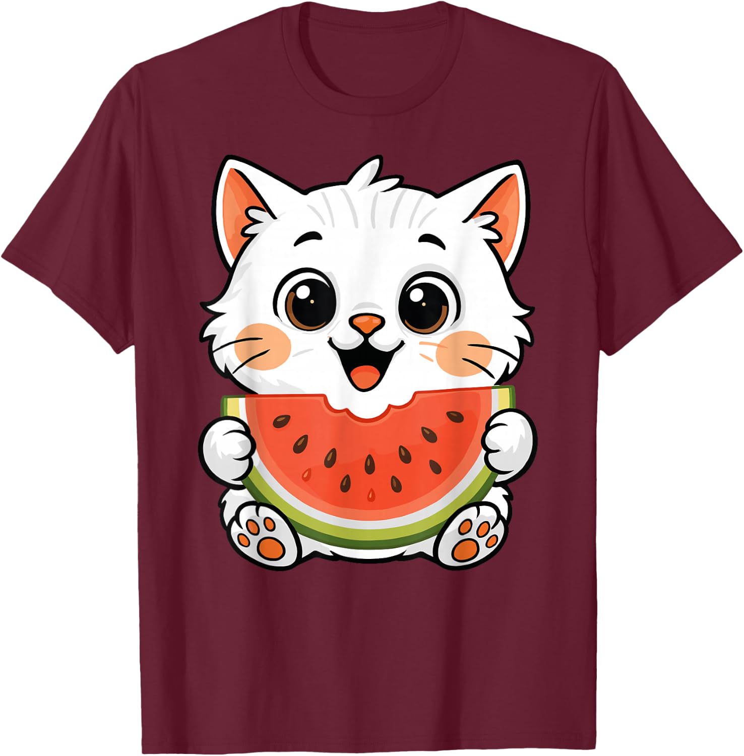 Kawaii Cat Eating Watermelon Summer Fruit Cat Lover T-Shirt - T-Shirt | Maroon