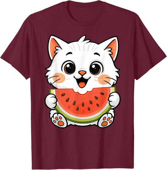 Kawaii Cat Eating Watermelon Summer Fruit Cat Lover T-Shirt - T-Shirt | Maroon