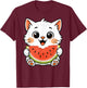 Kawaii Cat Eating Watermelon Summer Fruit Cat Lover T-Shirt - T-Shirt | Maroon