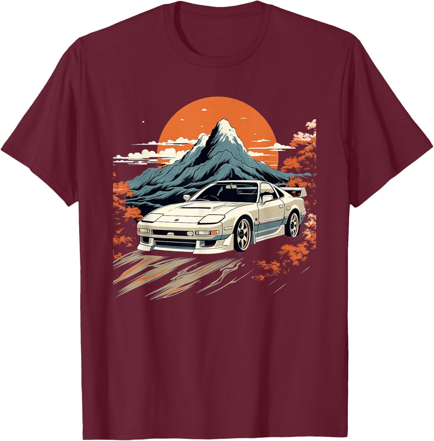 Retro Japanese Drift Car Racing Mount Fuji Sunset Scene T-Shirt - T-Shirt | Maroon