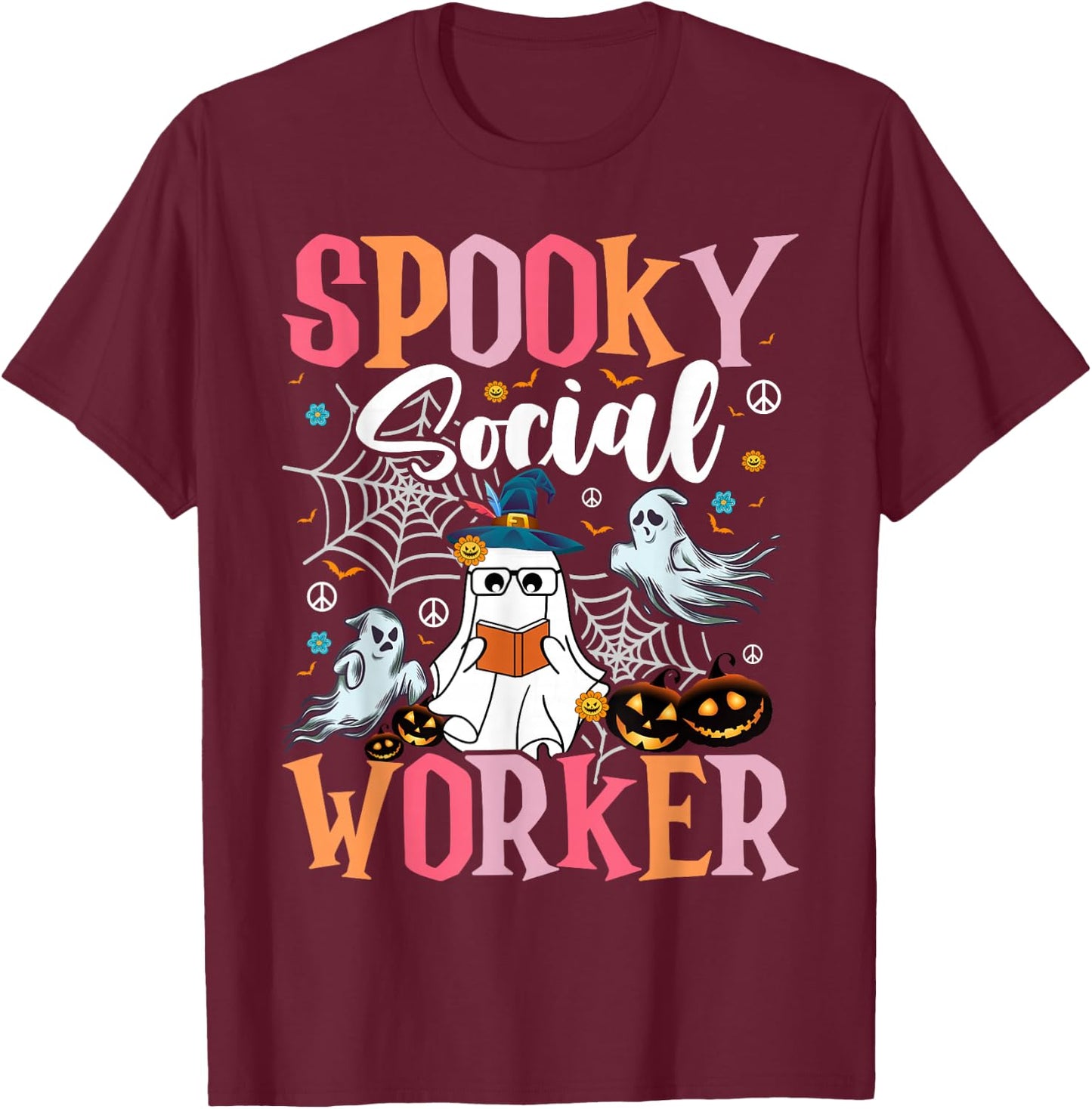 Groovy Retro Ghost Spooky Social Worker Halloween Costume T-Shirt - T-Shirt | Maroon