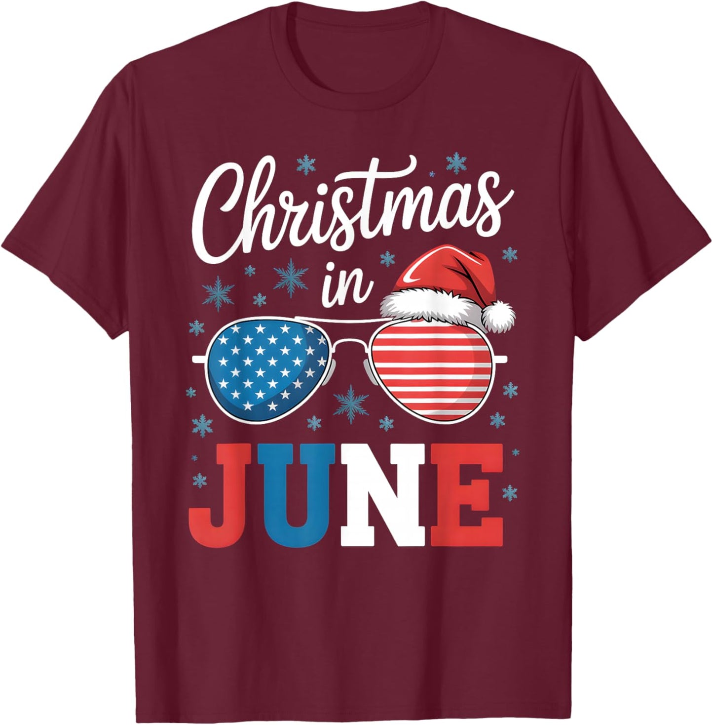Christmas In June Sunglasses Santa Hat US Flag Vacation T-Shirt - T-Shirt | Maroon