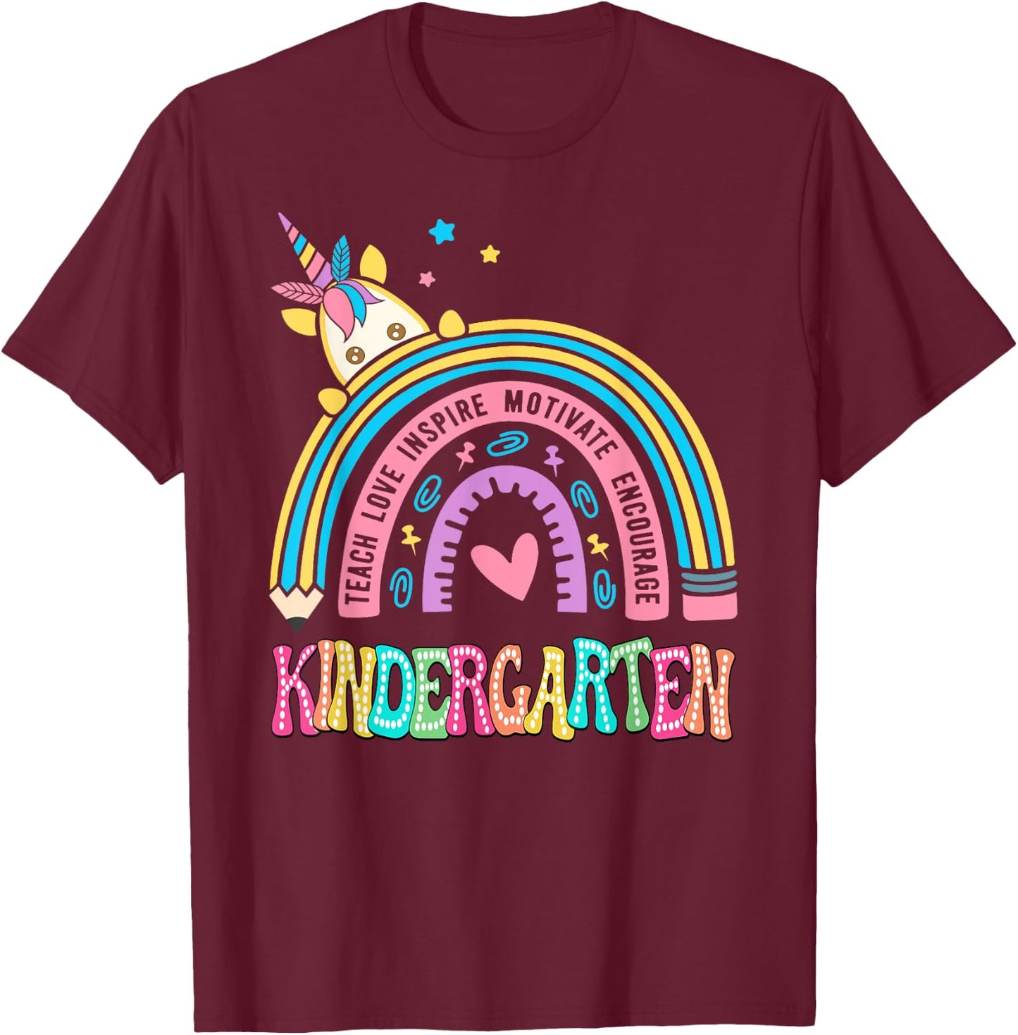 Kindergarten Unicorn Rainbow First Day Of School T-Shirt - T-Shirt | Maroon