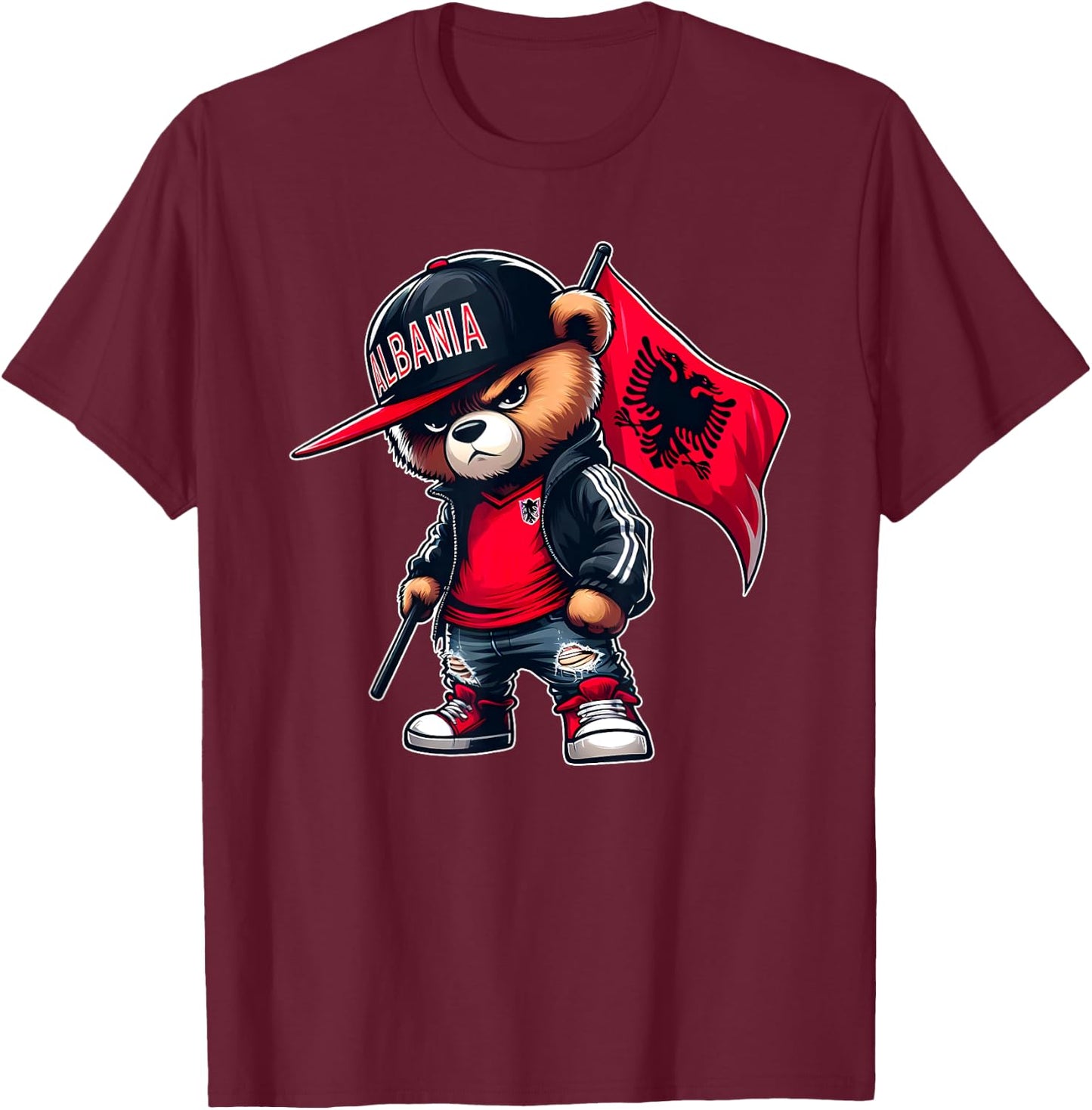 Teddy Bear Albania Flag Albanian Eagle Shqiponja Dykrenare T-Shirt - T-Shirt | Maroon