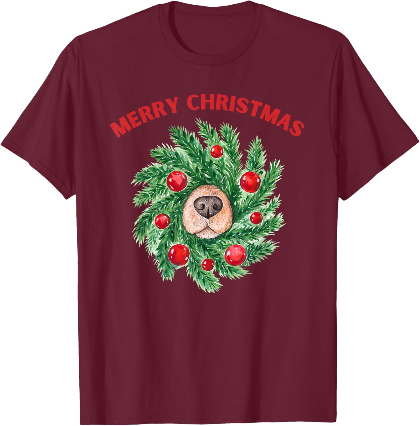 HeadOverHeels For Dogs Comfort Collection & Gear Cute Merry Christmas Wreath Dog Nose T-Shirt - T-Shirt | Maroon