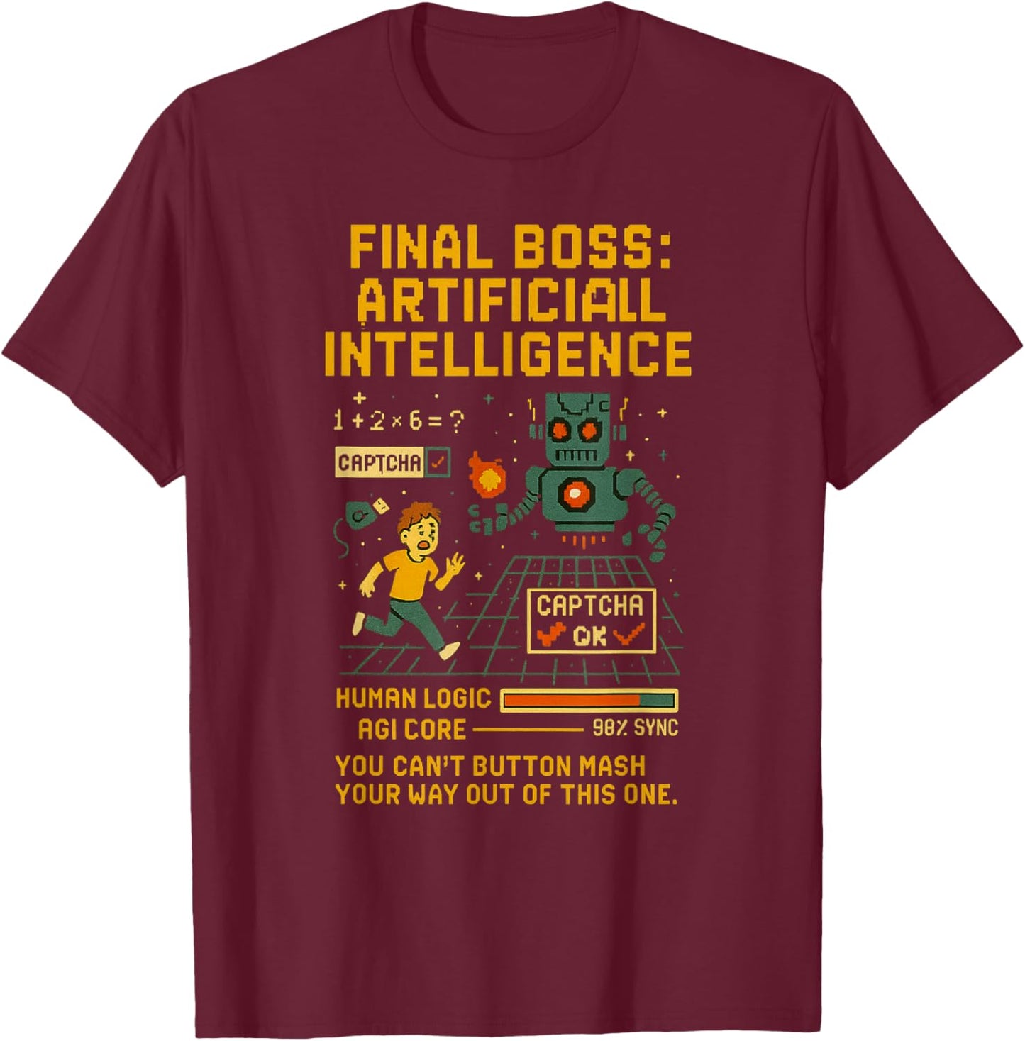 Final Boss: Artificial Intelligence – Captcha Robot Gamer AI T-Shirt - T-Shirt | Maroon