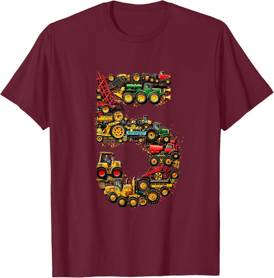 Kids 5th Birthday Farm Tractor Truck 5 Years Old Birthday T-Shirt - T-Shirt | Maroon