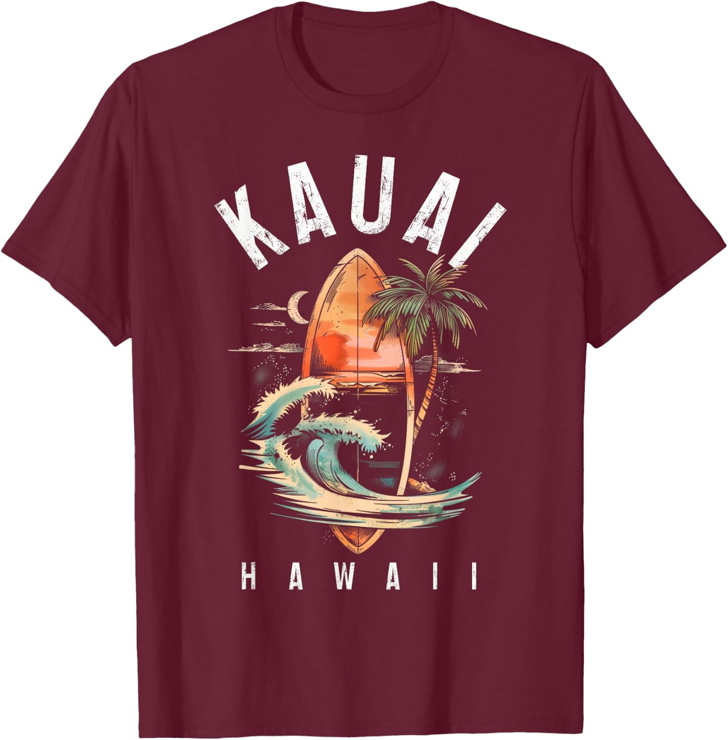 Kauai Hawaii Surf Hawaiian Vintage Surfing Surfer T-Shirt - T-Shirt | Maroon