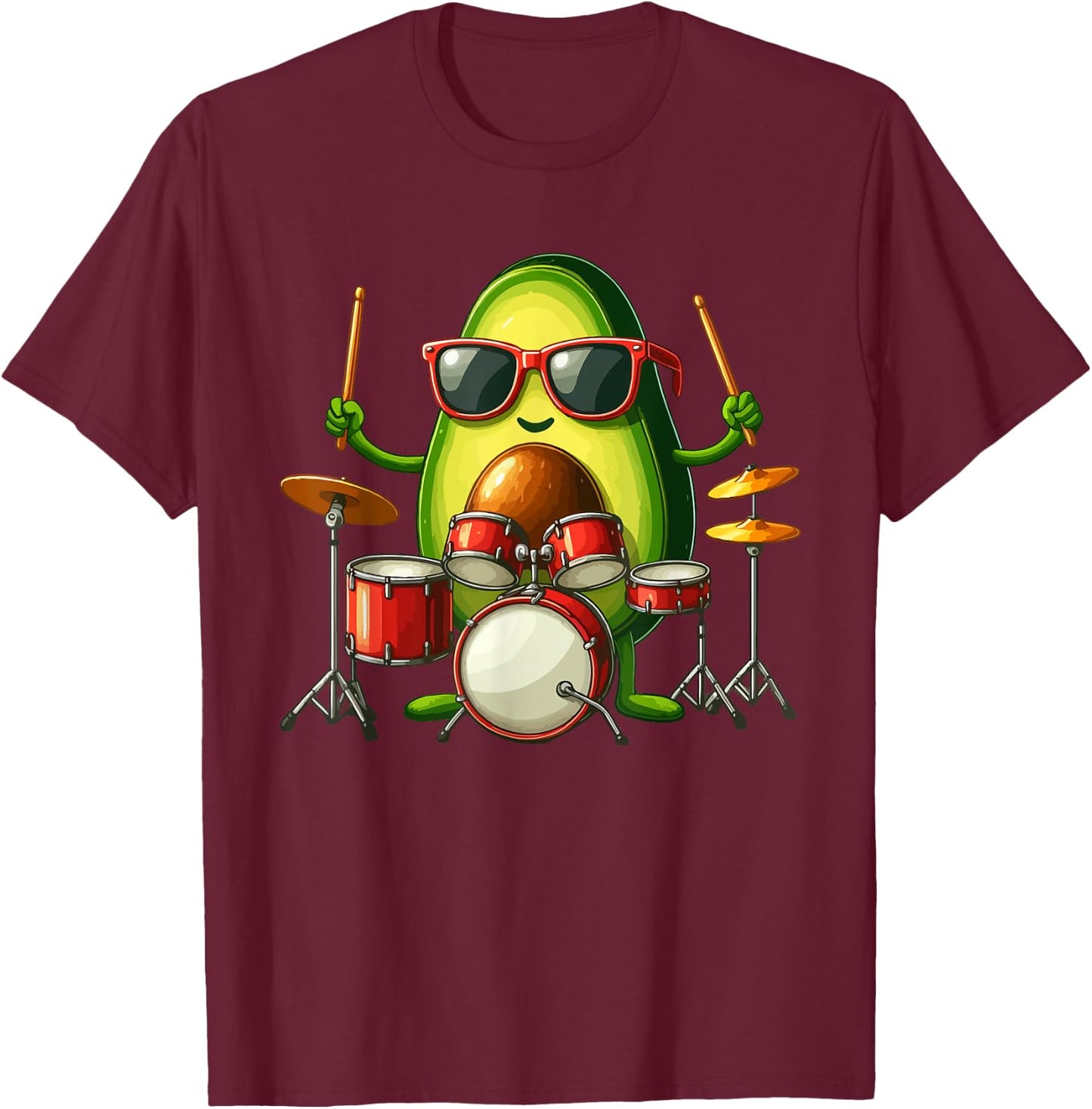 Avocado Sunglasses Playing Drum Funny Fruit Instrument T-Shirt - T-Shirt | Maroon