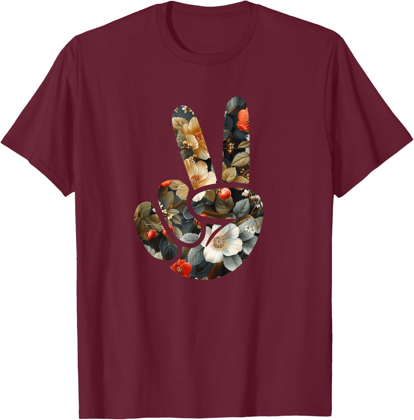 Elegant Silhouette Wildflowers Floral Peace Sign Hand T-Shirt - T-Shirt | Maroon