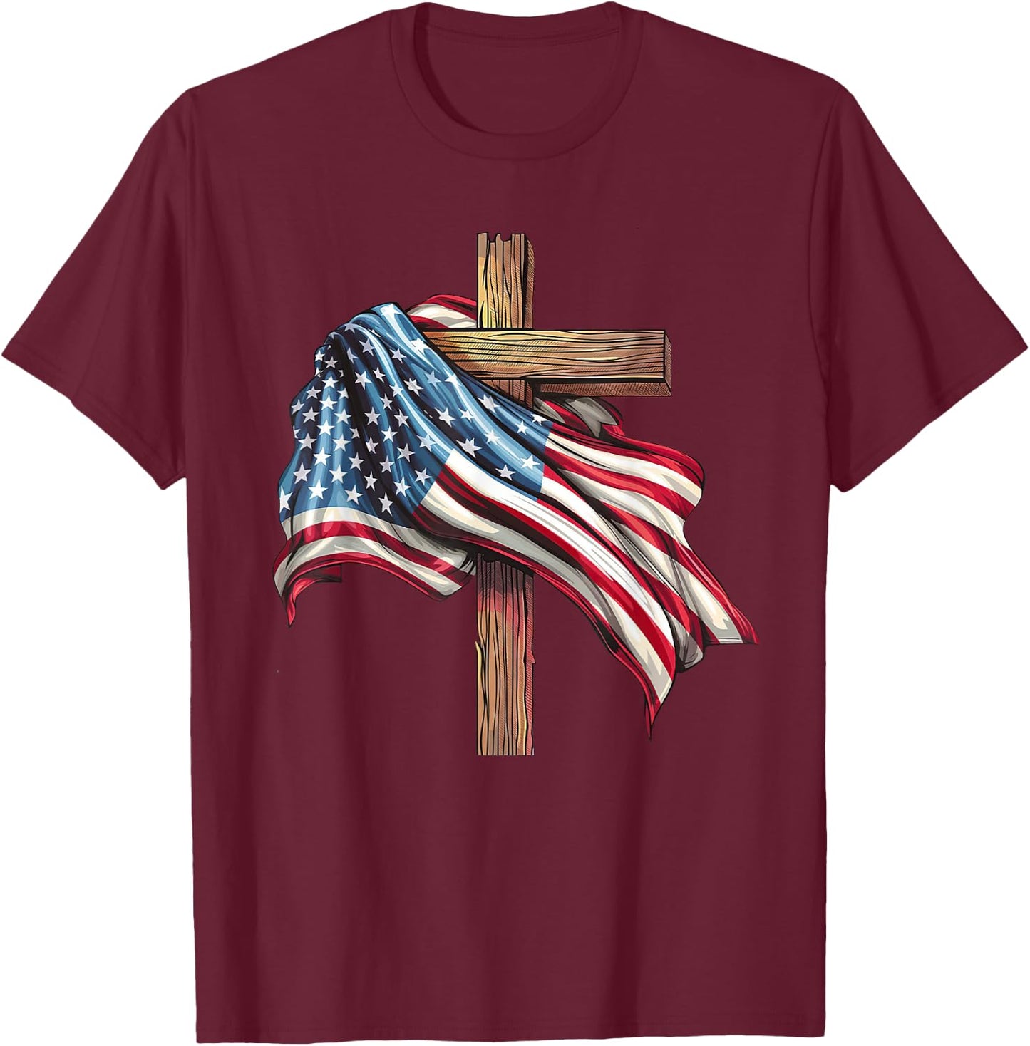 American Flag Cross for Patriotic USA Christians Distressed T-Shirt - T-Shirt | Maroon