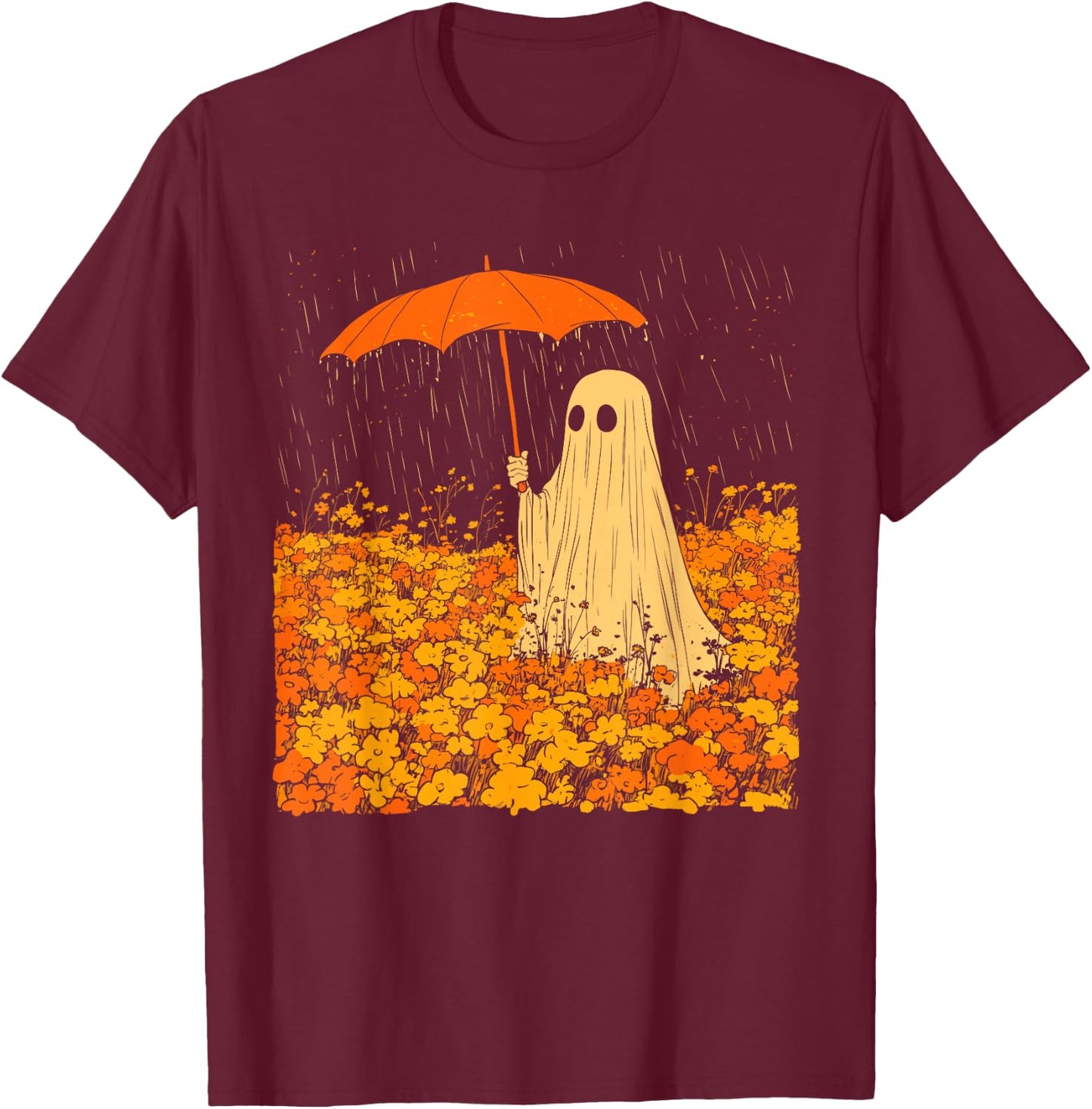 Vintage Floral Ghost Halloween Ghost in the Forest Gothic T-Shirt - T-Shirt | Maroon
