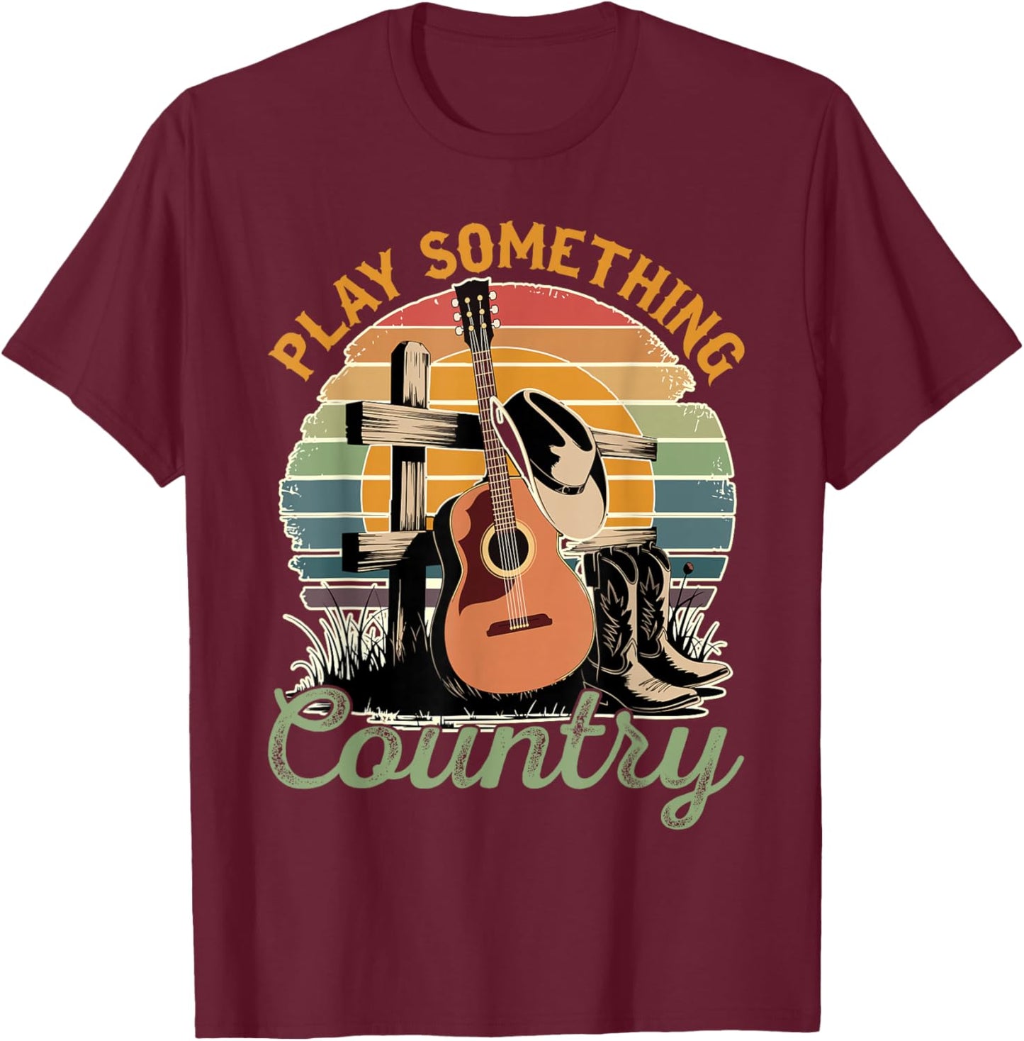 Funny Loves Country Music Country Music Festival Play Something Country -Adults Black Small Modern Classic U-Neck Short Sleeve T-Shirt - T-Shirt | Maroon