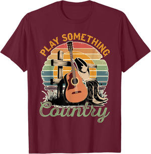 Funny Loves Country Music Country Music Festival Play Something Country -Adults Black Small Modern Classic U-Neck Short Sleeve T-Shirt - T-Shirt | Maroon