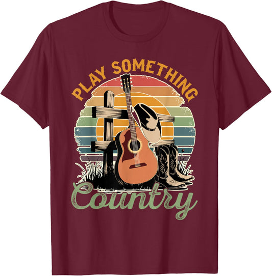 Funny Loves Country Music Country Music Festival Play Something Country -Adults Black Small Modern Classic U-Neck Short Sleeve T-Shirt - T-Shirt | Maroon