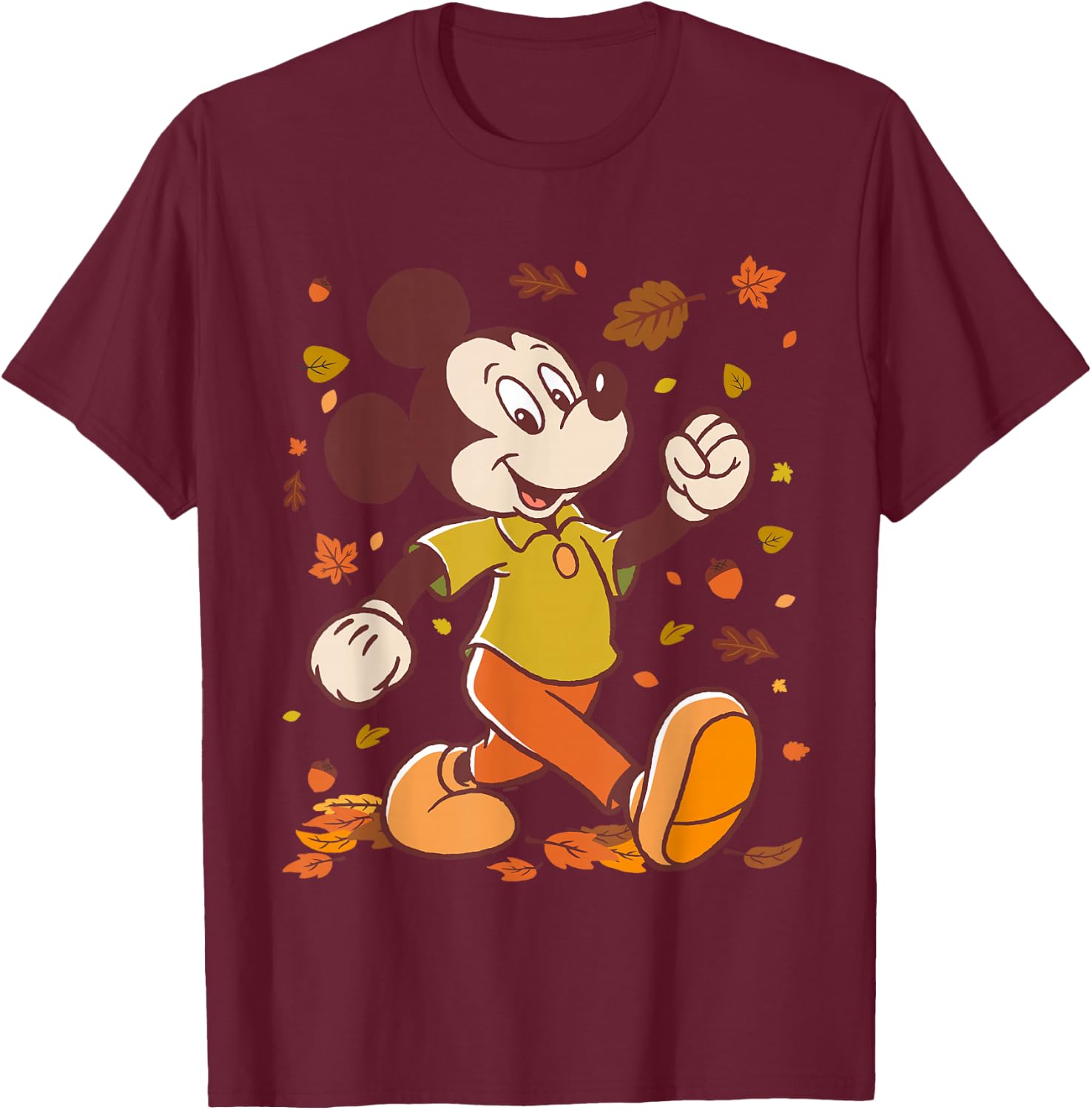Disney Mickey Mouse Strolling Through Autumn Leaves Fall T-Shirt - T-Shirt | Maroon