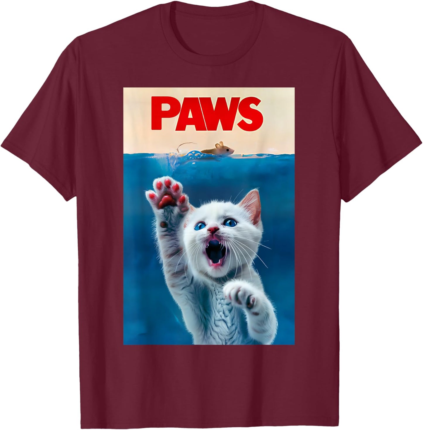 PAWS Funny Cat parody cat Lover Gift Kitten Shark Mouse meow T-Shirt - T-Shirt | Maroon