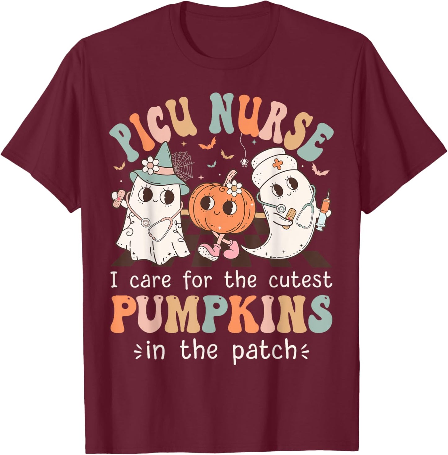 Groovy PICU Nurse Halloween Costume Ghost Peds Nurse T-Shirt - T-Shirt | Maroon