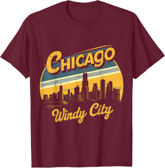 Chicago Skyline Windy City Costume Vintage Illinois Souvenir T-Shirt - T-Shirt | Maroon