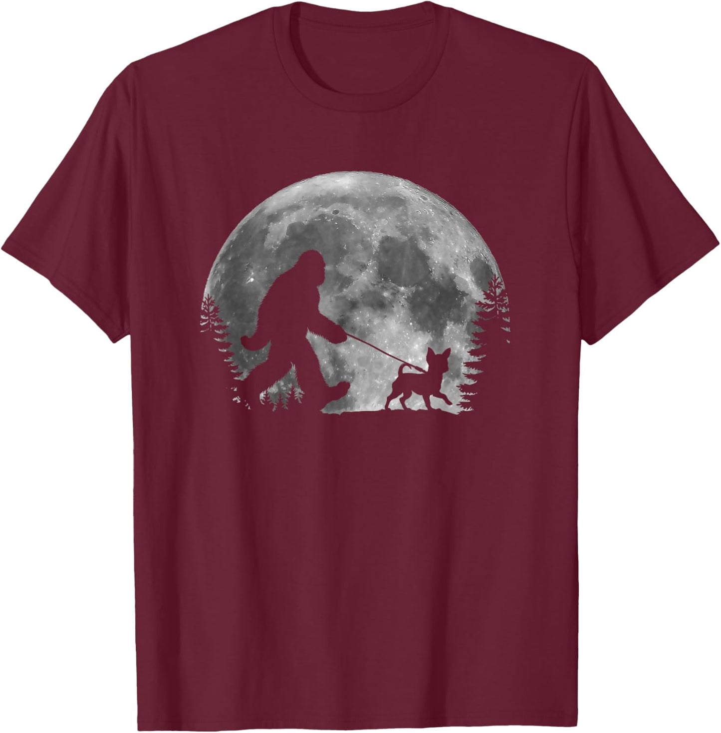 Bigfoot Walking a Dog Funny Chihuahua Lovers Moon Halloween Men Women Kids T-Shirt - T-Shirt | Maroon