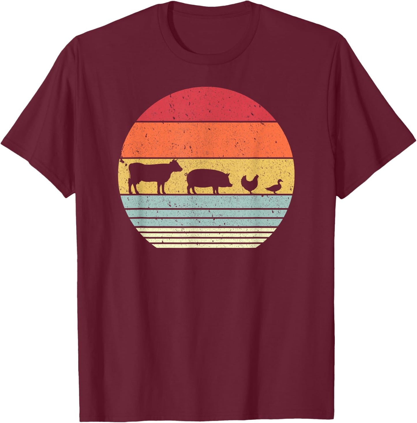 Farm Animals Shirt. Retro Cow, Pig, Chicken & Duck T-Shirt - T-Shirt | Maroon