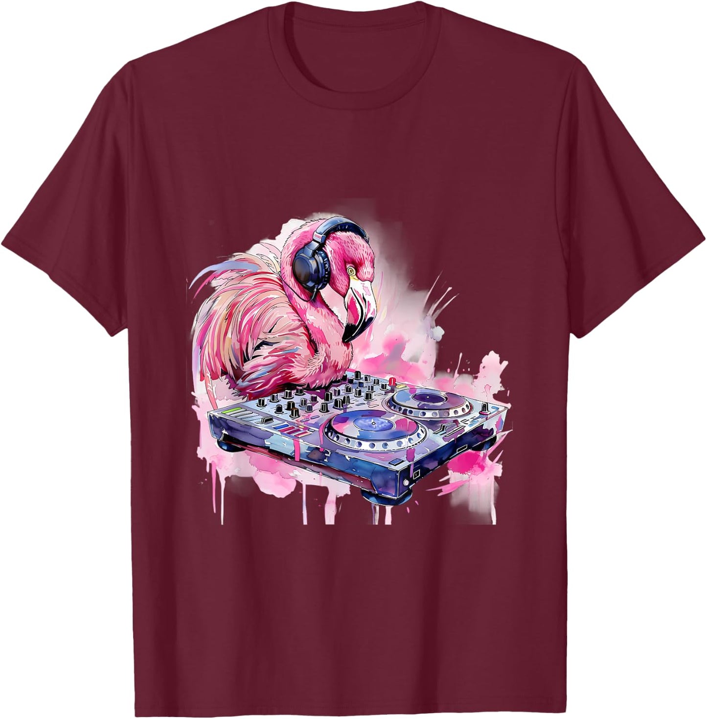 DJ Flamingo Bird Techno Dance Music Turntable DJ Flamingo T-Shirt - T-Shirt | Maroon