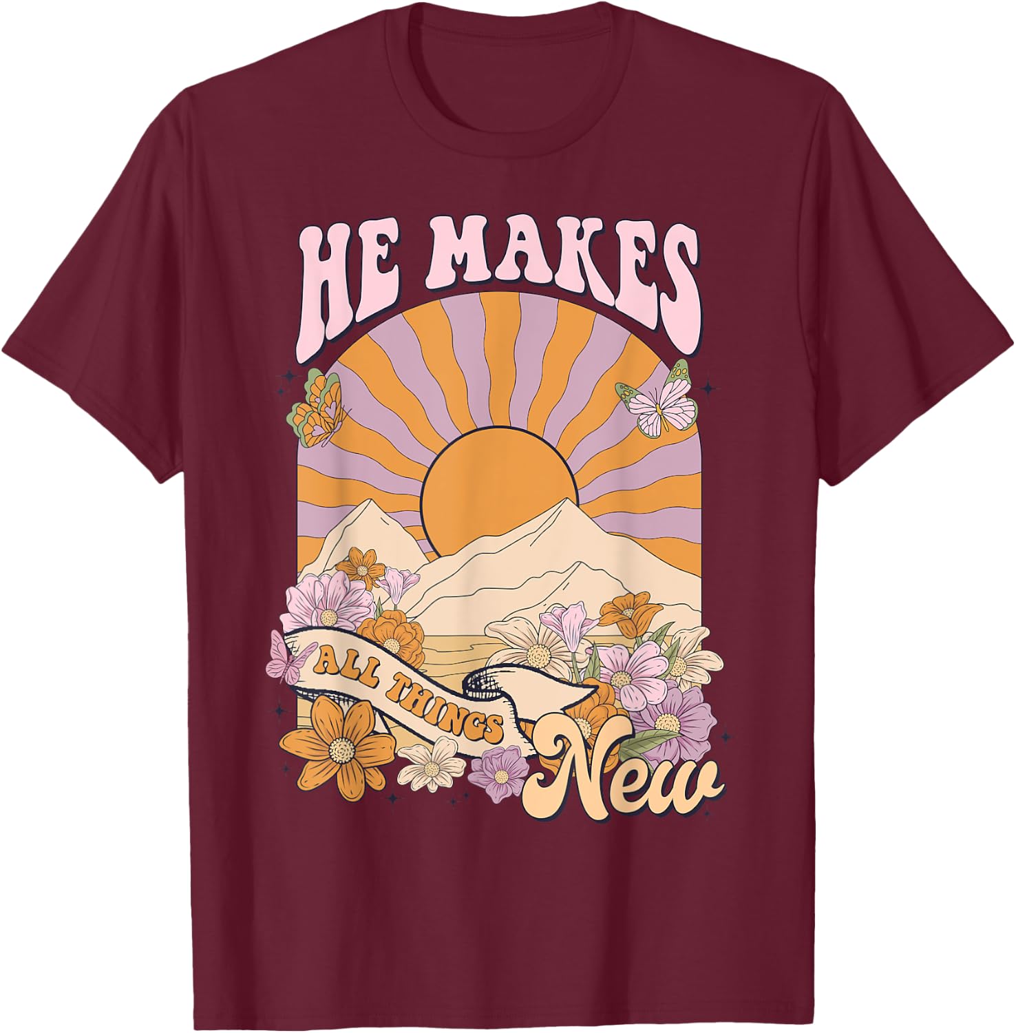 He Makes All Things New, Boho Christian Jesus, Bible Verse T-Shirt - T-Shirt | Maroon
