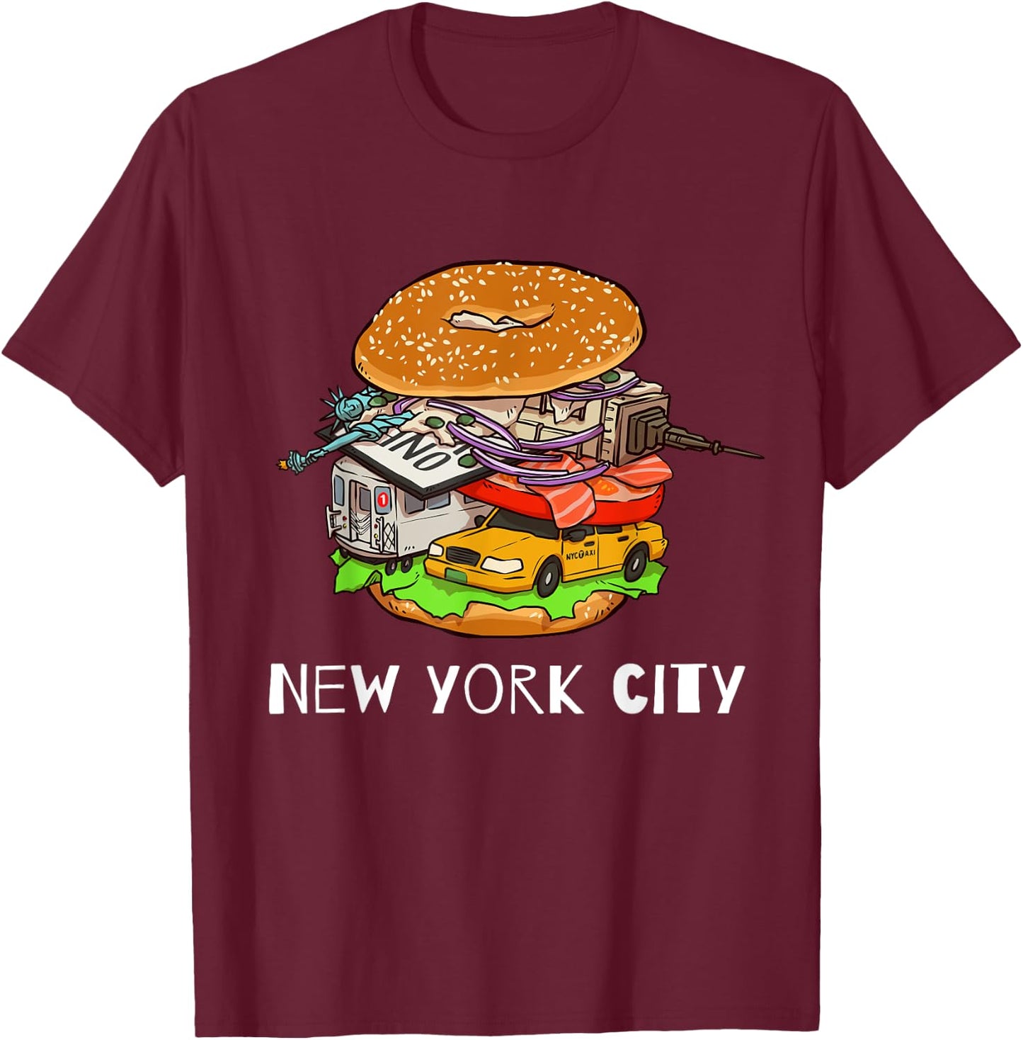 New York City Bagel with Everything NYC T-Shirt - T-Shirt | Maroon