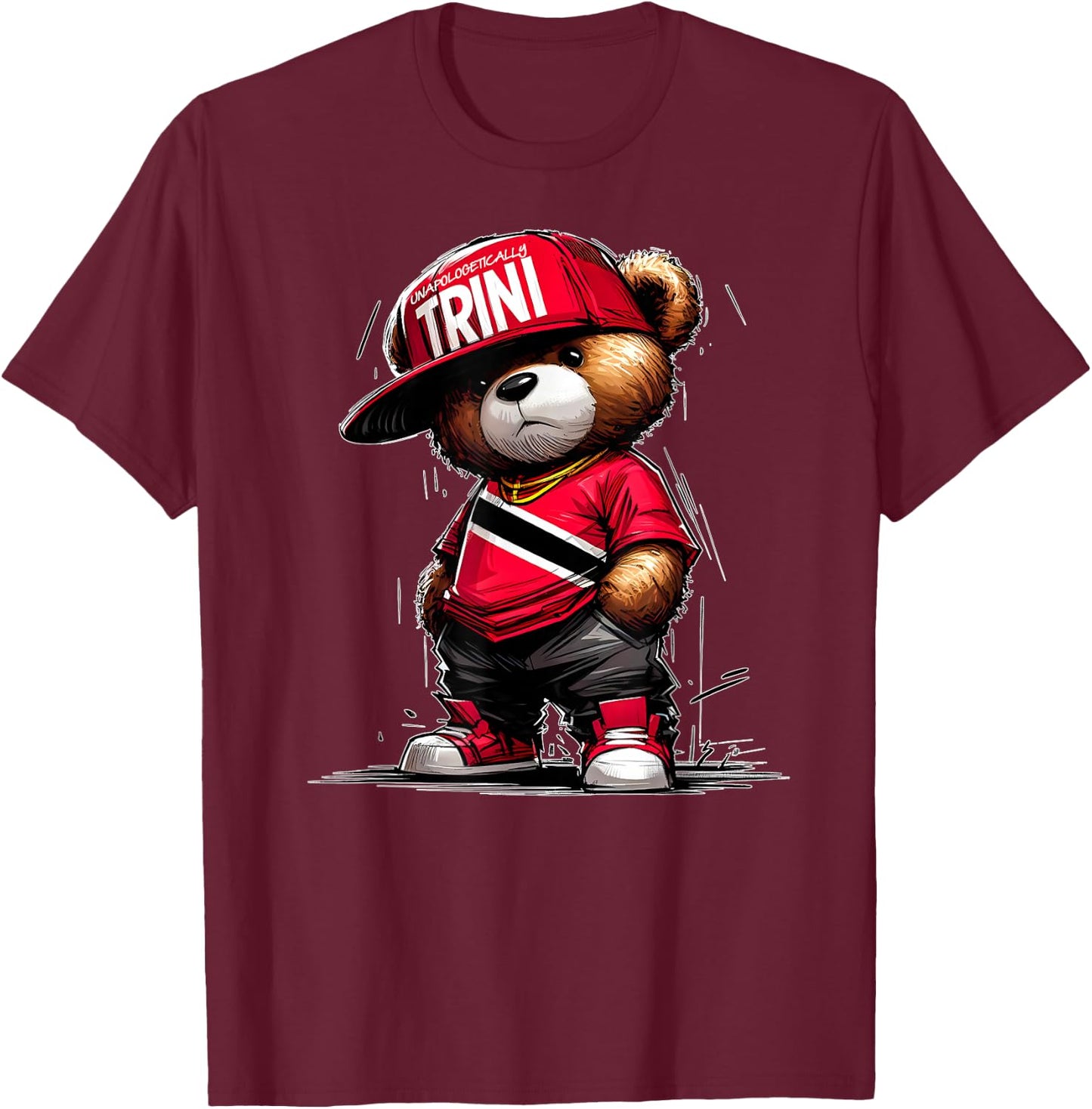 Unapologetically Trini Cool Teddy Bear Trinidad Flag Art T-Shirt - T-Shirt | Maroon
