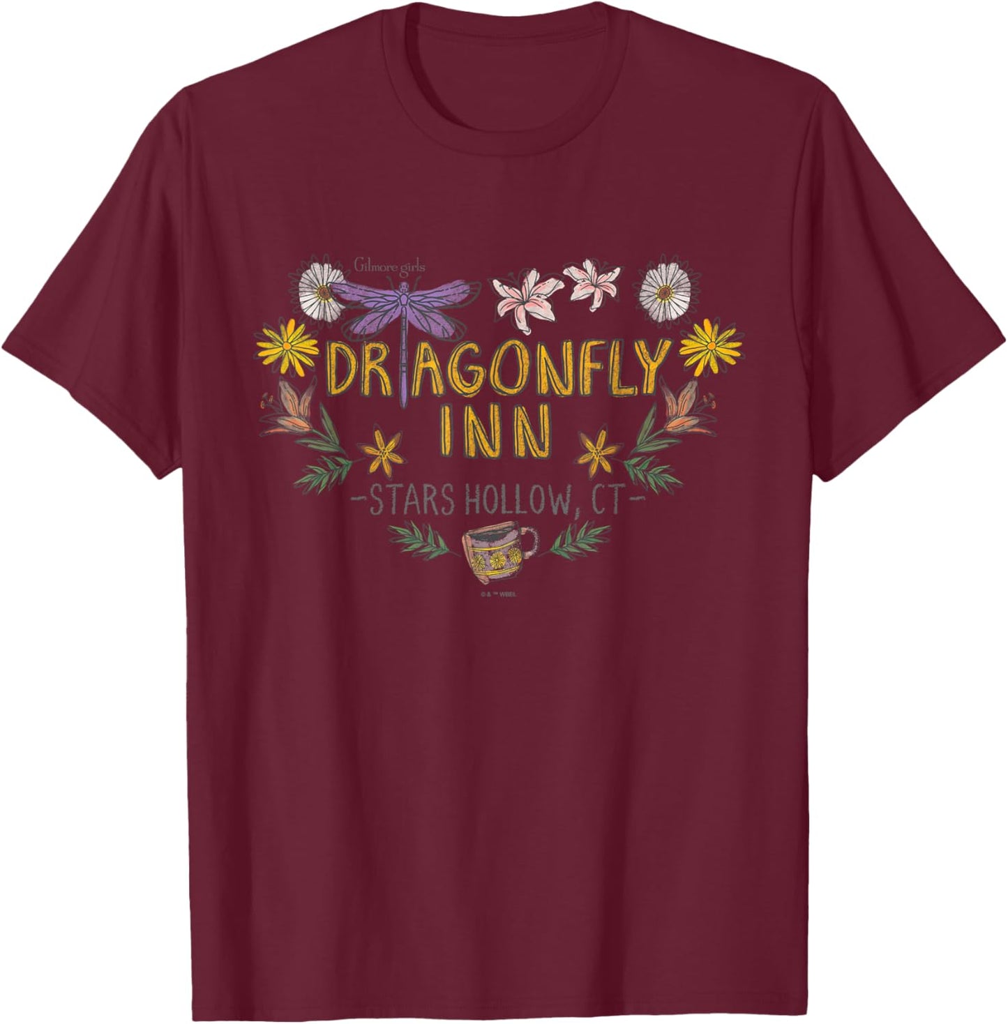 Gilmore Girls Dragon Fly Inn Chalk Floral Heart T-Shirt - T-Shirt | Maroon